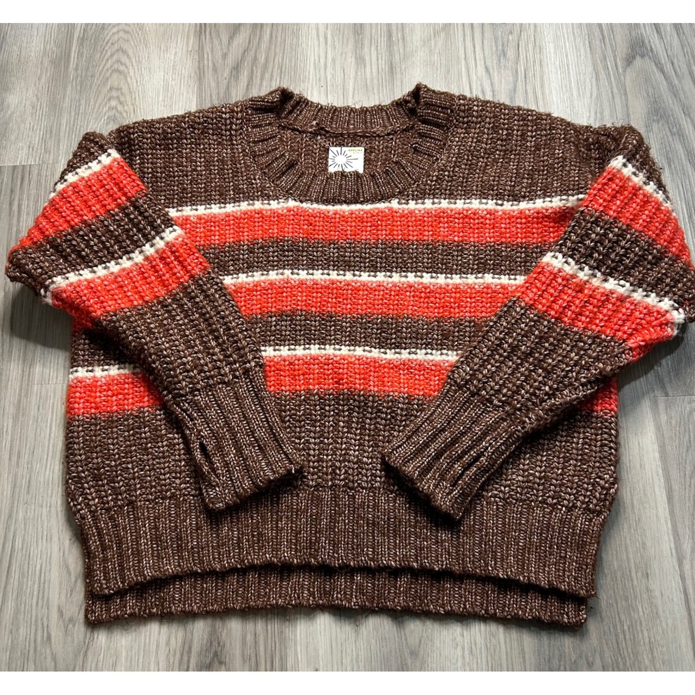 OFFLINE by Aerie Sweater M Brown Orange White Striped Knit Thumbhole